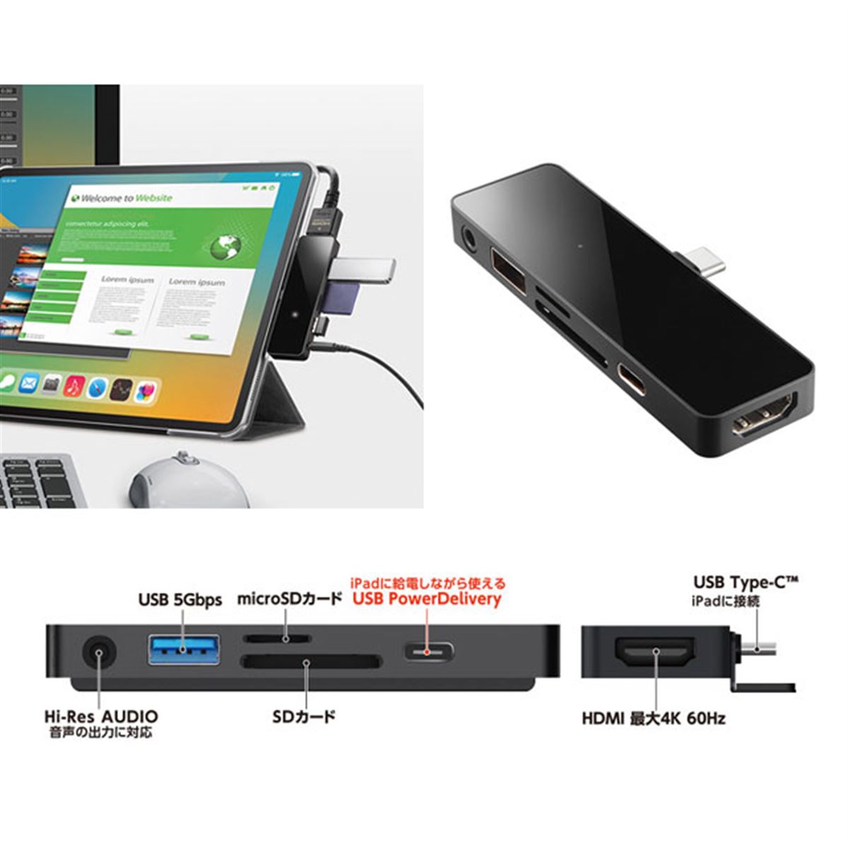 Type-C搭載のiPhone/iPadに対応、作業環境の幅を広げる6in1ドッキング