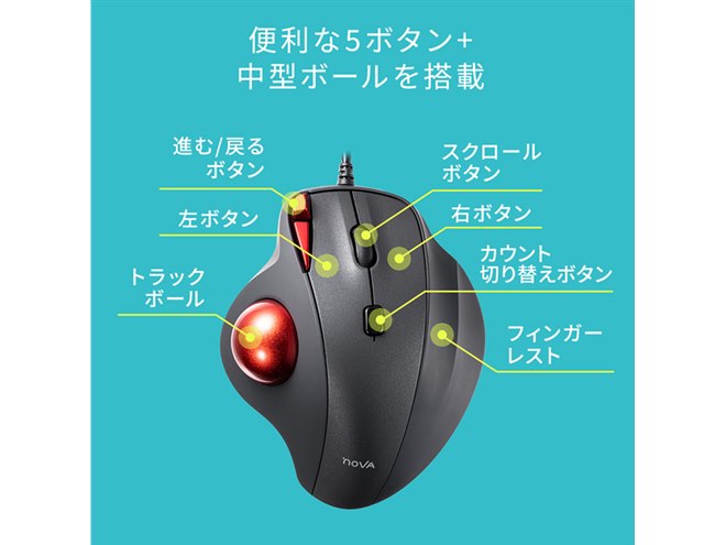 サンワ、傾斜15度設計を採用したエルゴノミクス形状のトラックボール