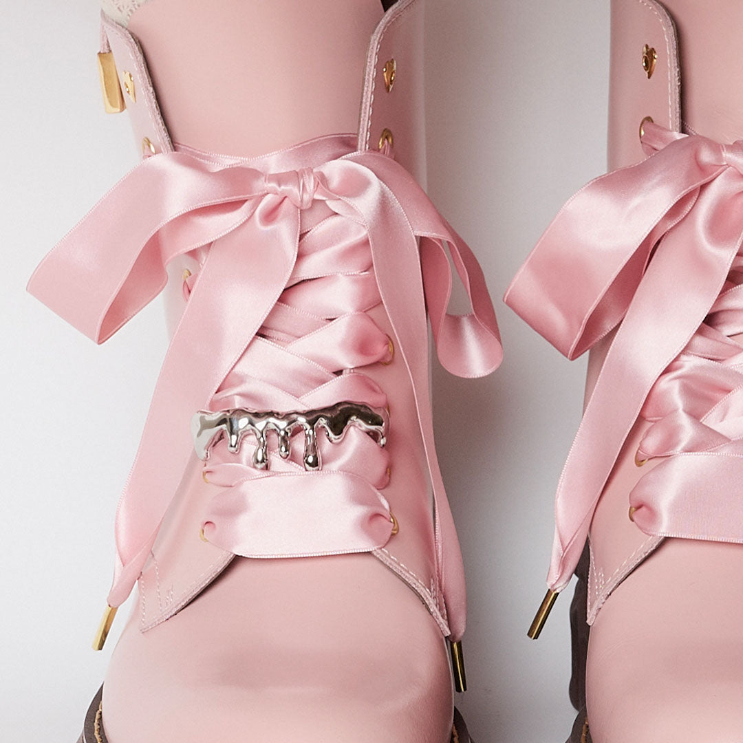 Melting Chocolate Satin Ribbon Lace Up Leather Boots (Pale Pink