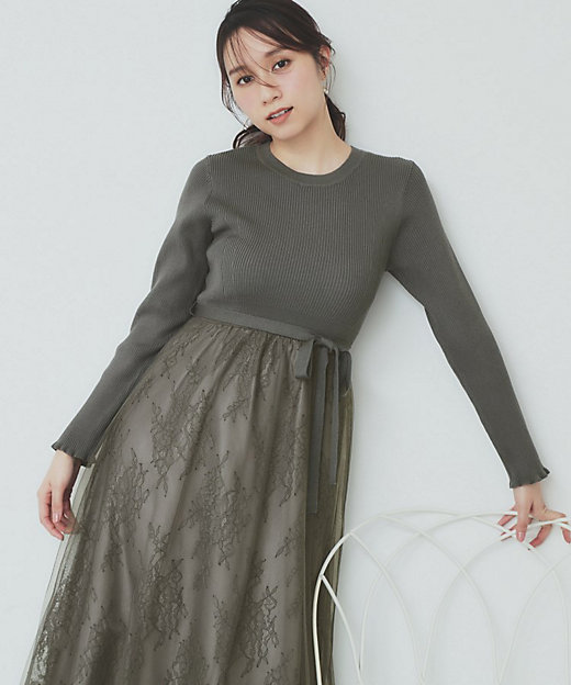 チュールレーススカートドッキングワンピース【洗濯機洗い可