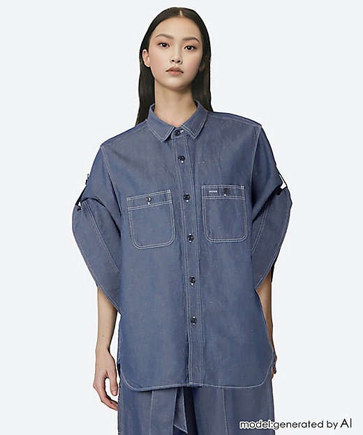 CHAMBRAY BELL―SLEEVE SHIRT | HYKE (Women