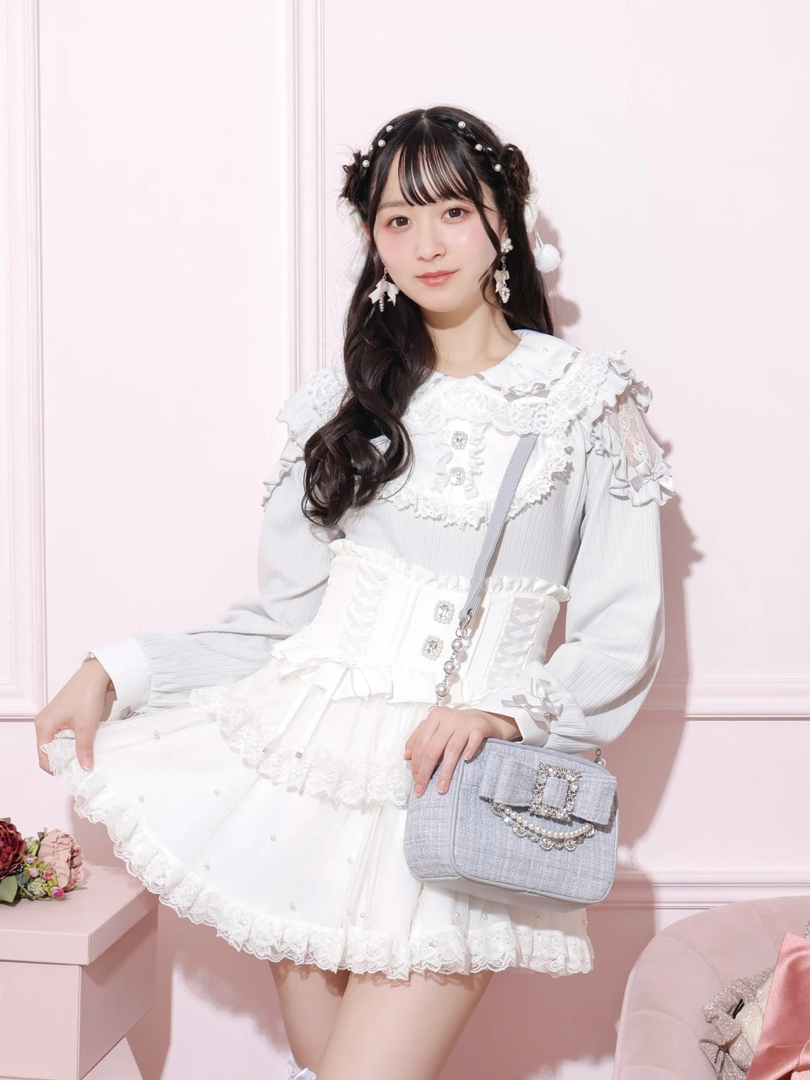 お嬢さんツイードリボンビジューショルダーバッグ（ショルダーバッグ