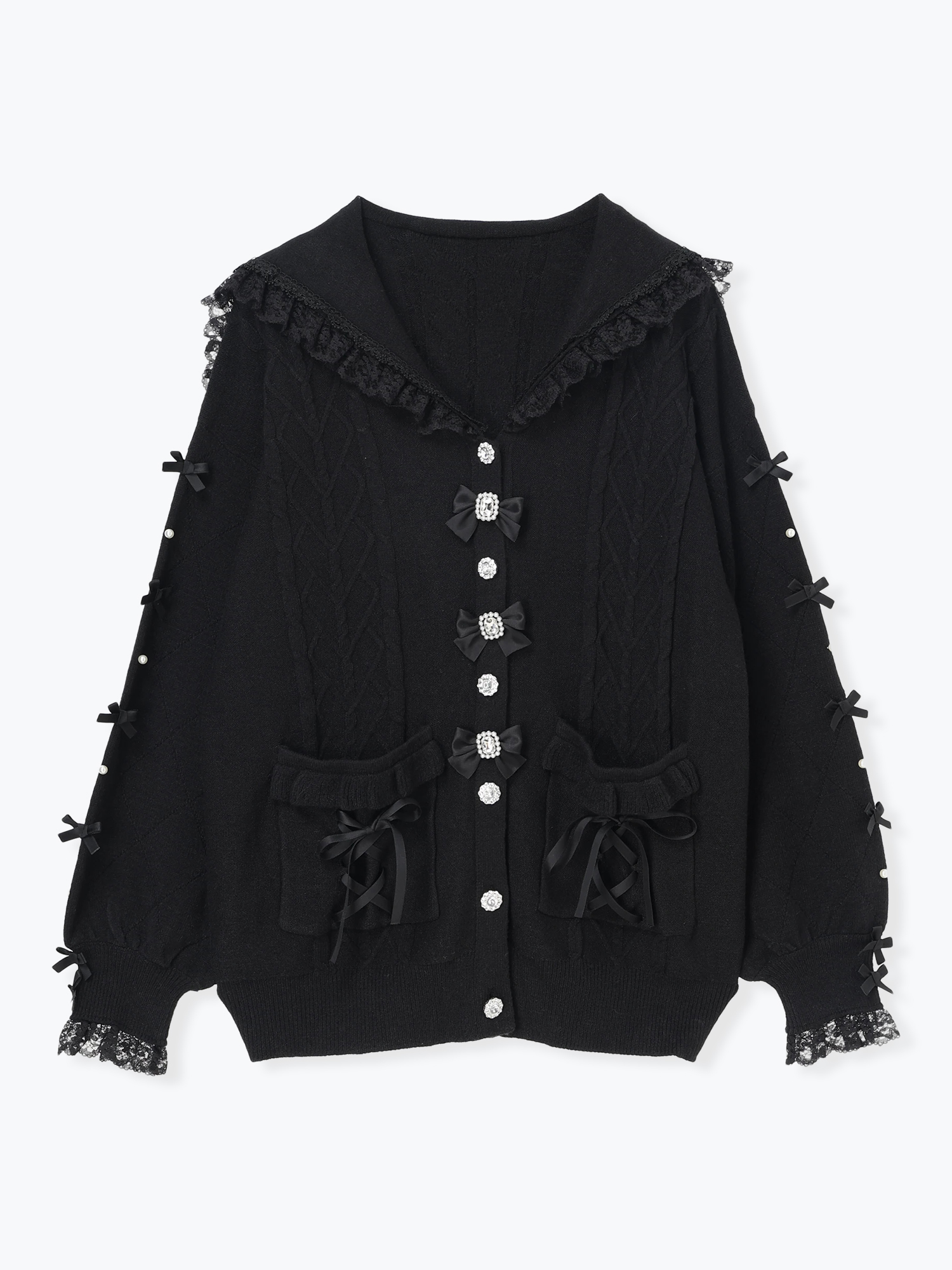 メニーリボンケーブルセーラカーデ（カーディガン｜黒・オフホワイト