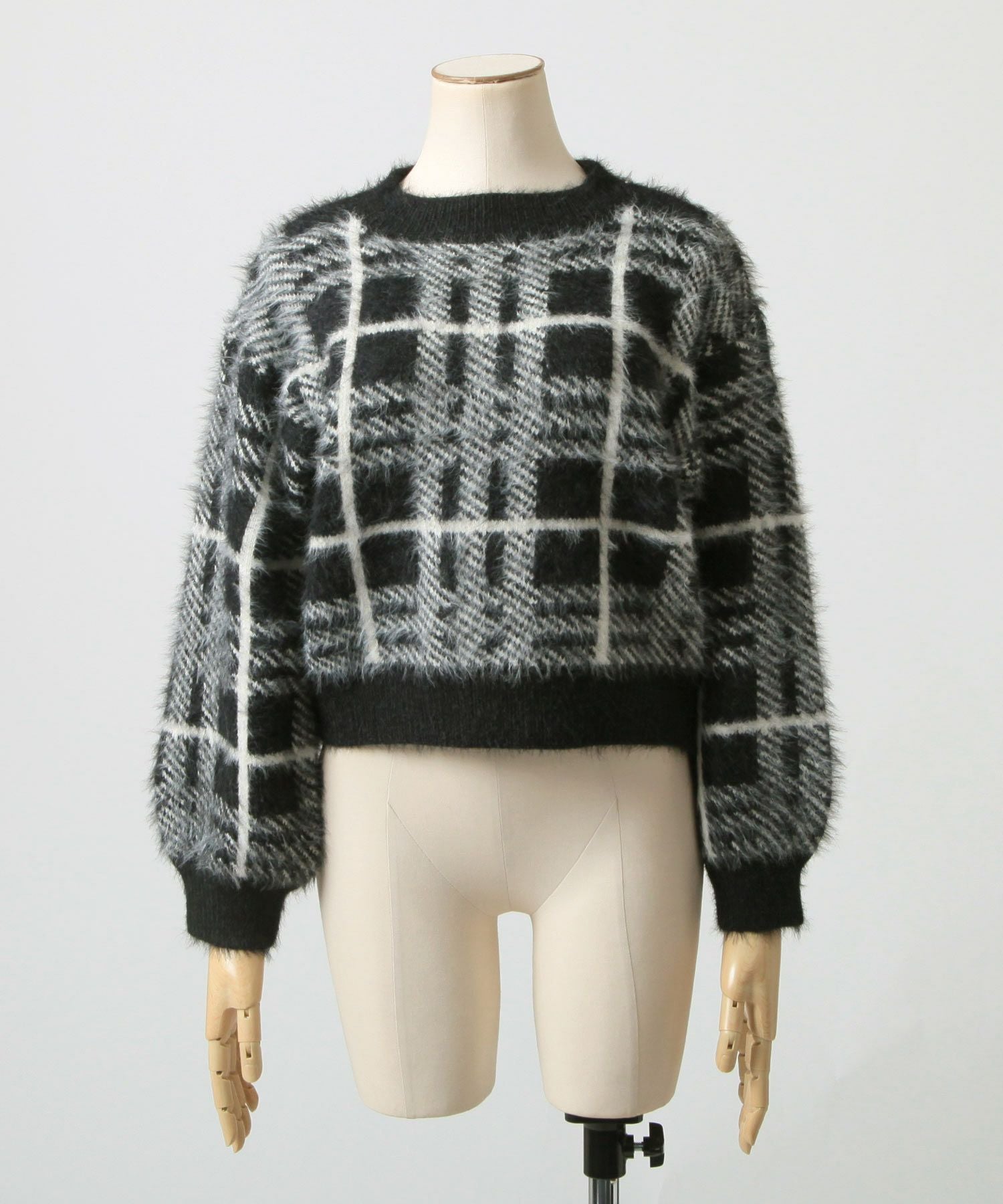 チェック柄シャギータッチニットトップス×ミニスカートセットアップ