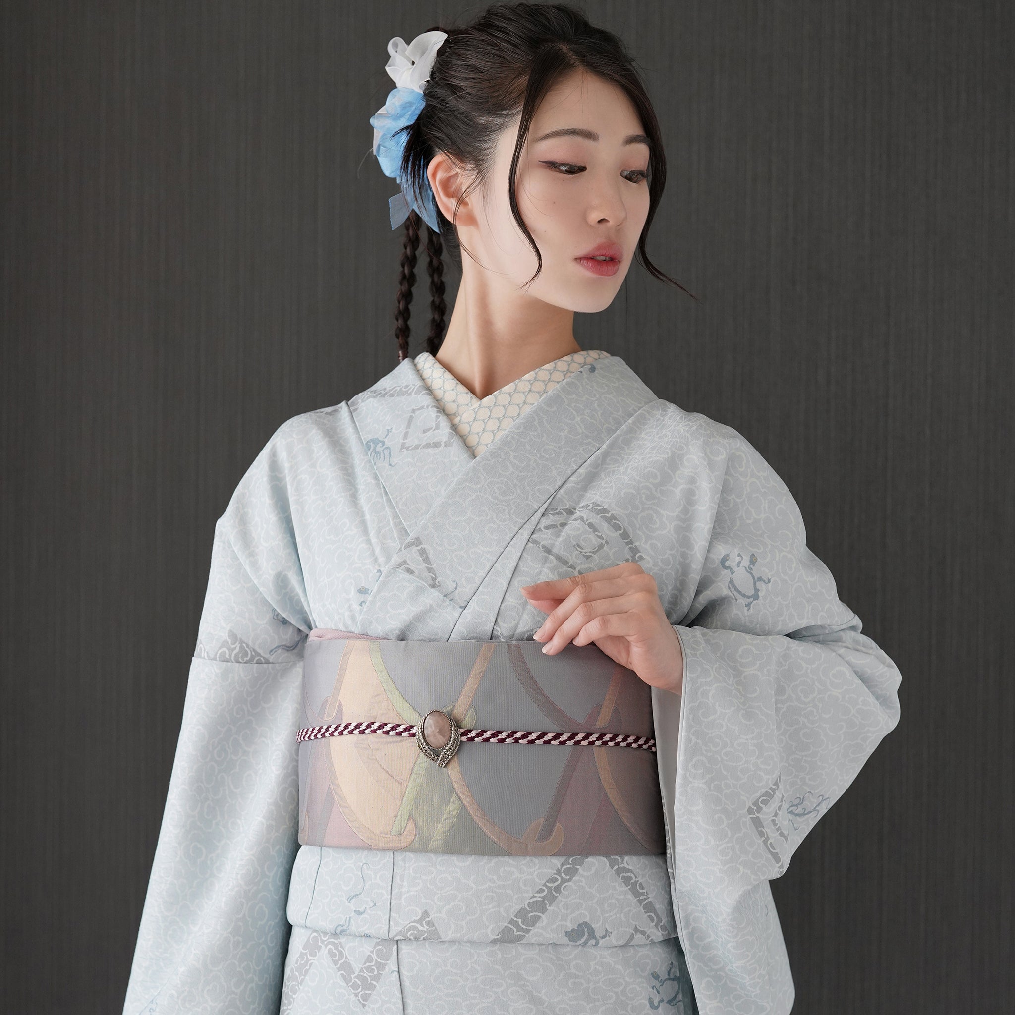 東レシルック 小紋 ～fuku～「雷雲に四神」ブルーグレー 【袷・単衣用