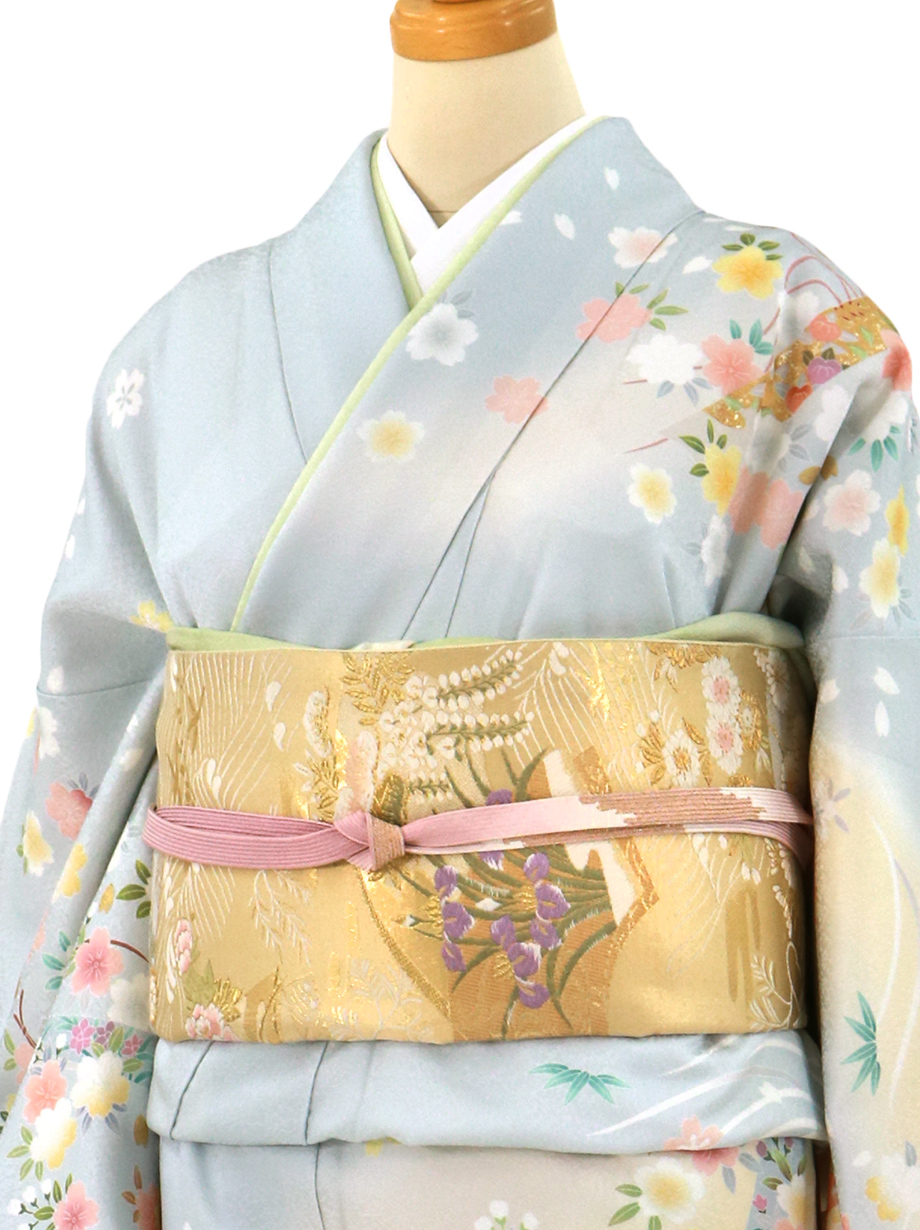 ブルーグレー地に桜と短冊の訪問着(袷) | 宅配着物レンタルの京都かし