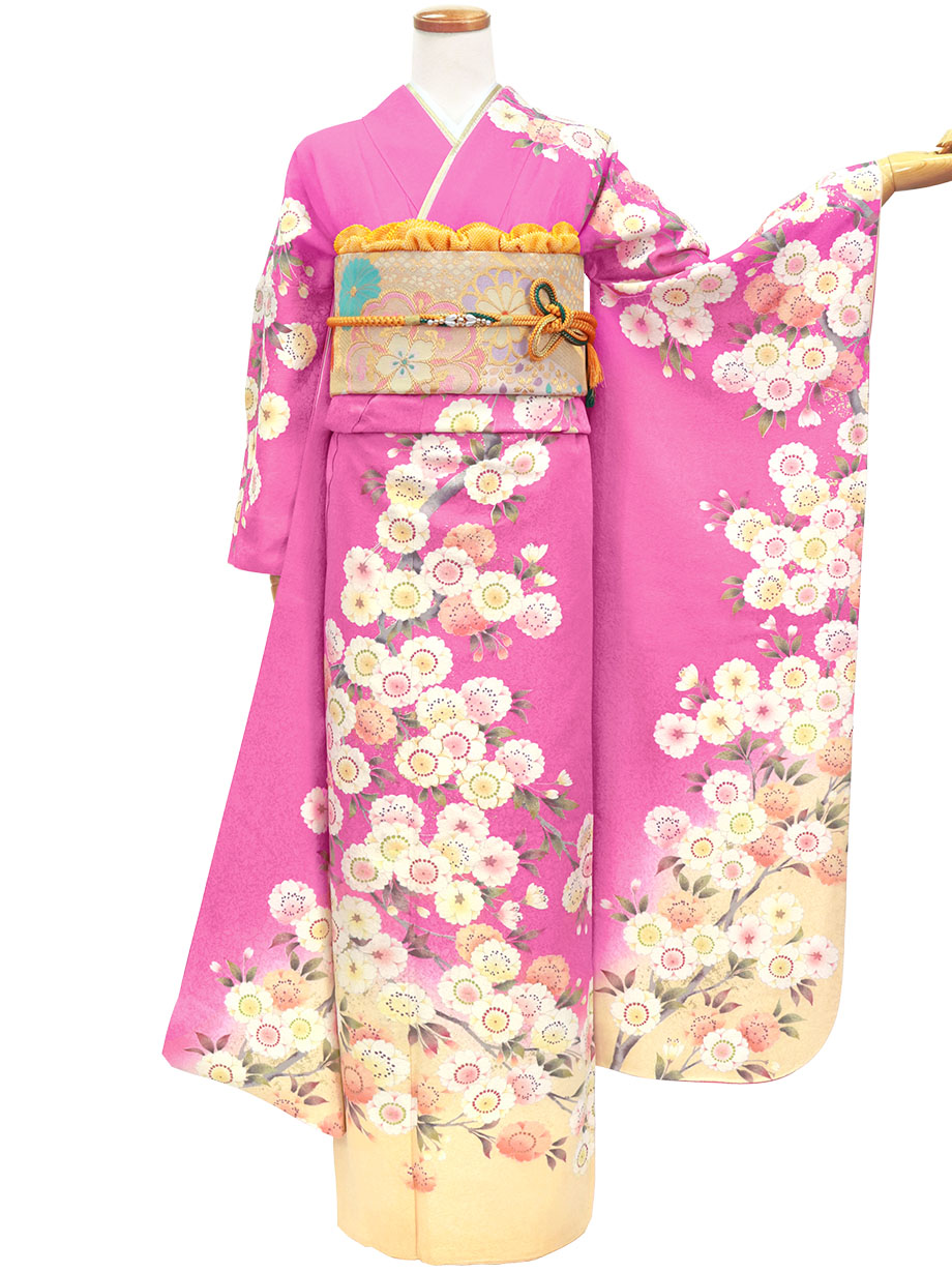 ピンク地に桜尽くしの振袖／標準サイズ | 宅配着物レンタルの京都かし
