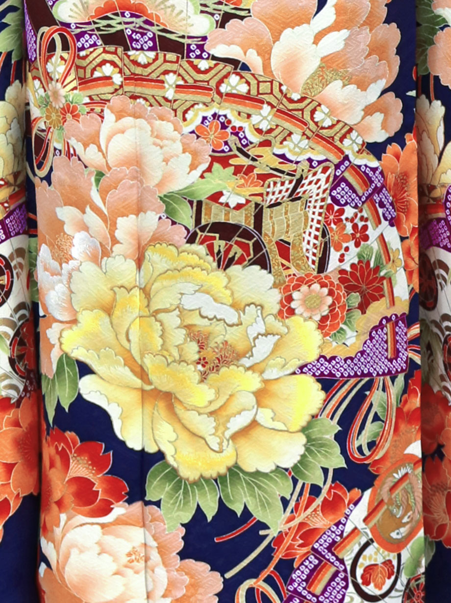 紺桔梗色に牡丹と檜扇文の振袖／トールサイズ | 宅配着物レンタルの