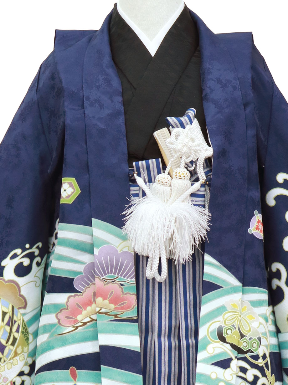 紺地に鷹と宝船、紺縞の袴2／七五三・五歳男の子・袴* | 宅配着物
