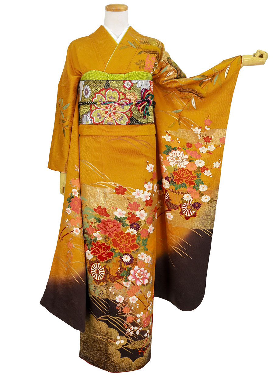 鬱金地に松・花車の振袖／標準サイズ | 宅配着物レンタルの京都かしきもの