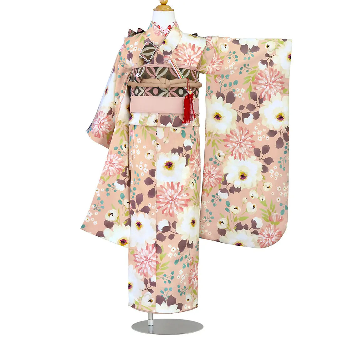 花わらべ》レトロフラワー・ピンクベージュの着物／七五三・七歳女の子