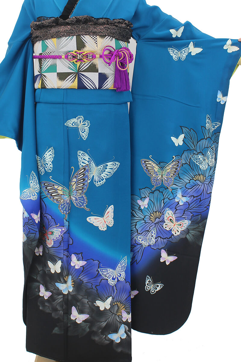 振袖レンタル｜成人式｜振袖 青 蝶々｜7010-00028｜着物レンタル