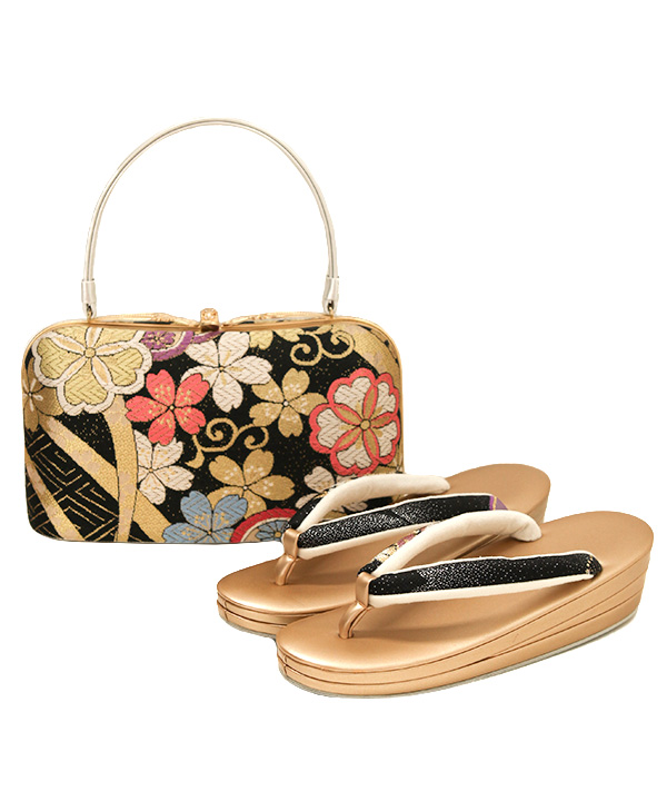 オプション小物レンタル】草履バッグセット 黒に桜柄 3枚芯 ゴールド