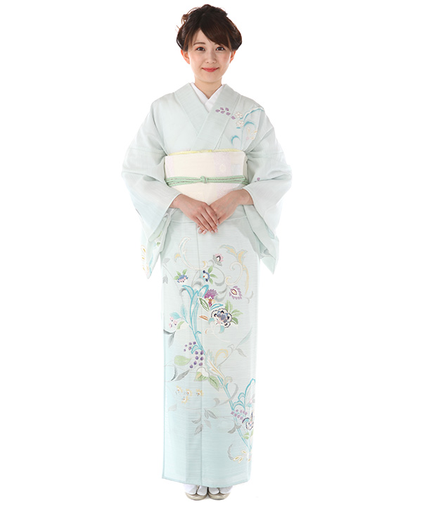 絽 訪問着レンタル（夏用）｜水色に秋草｜H0257｜L｜宅配着物レンタル