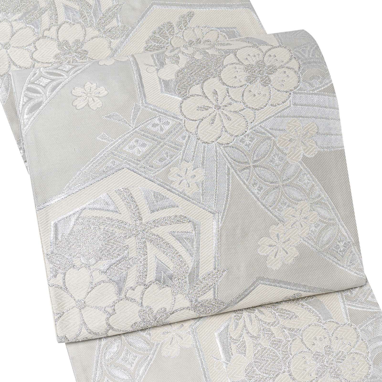 振袖 袋帯 単品「灰白色×銀 笹に亀甲、花」日本製 お仕立て上がり 振袖