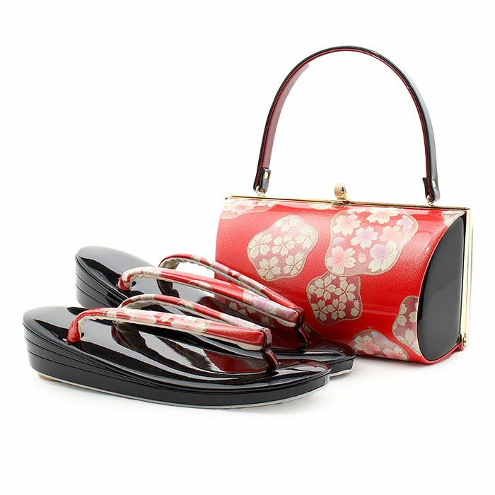 アウトレット】振袖 草履 バッグ セット 成人式 赤 黒 レッド 草履