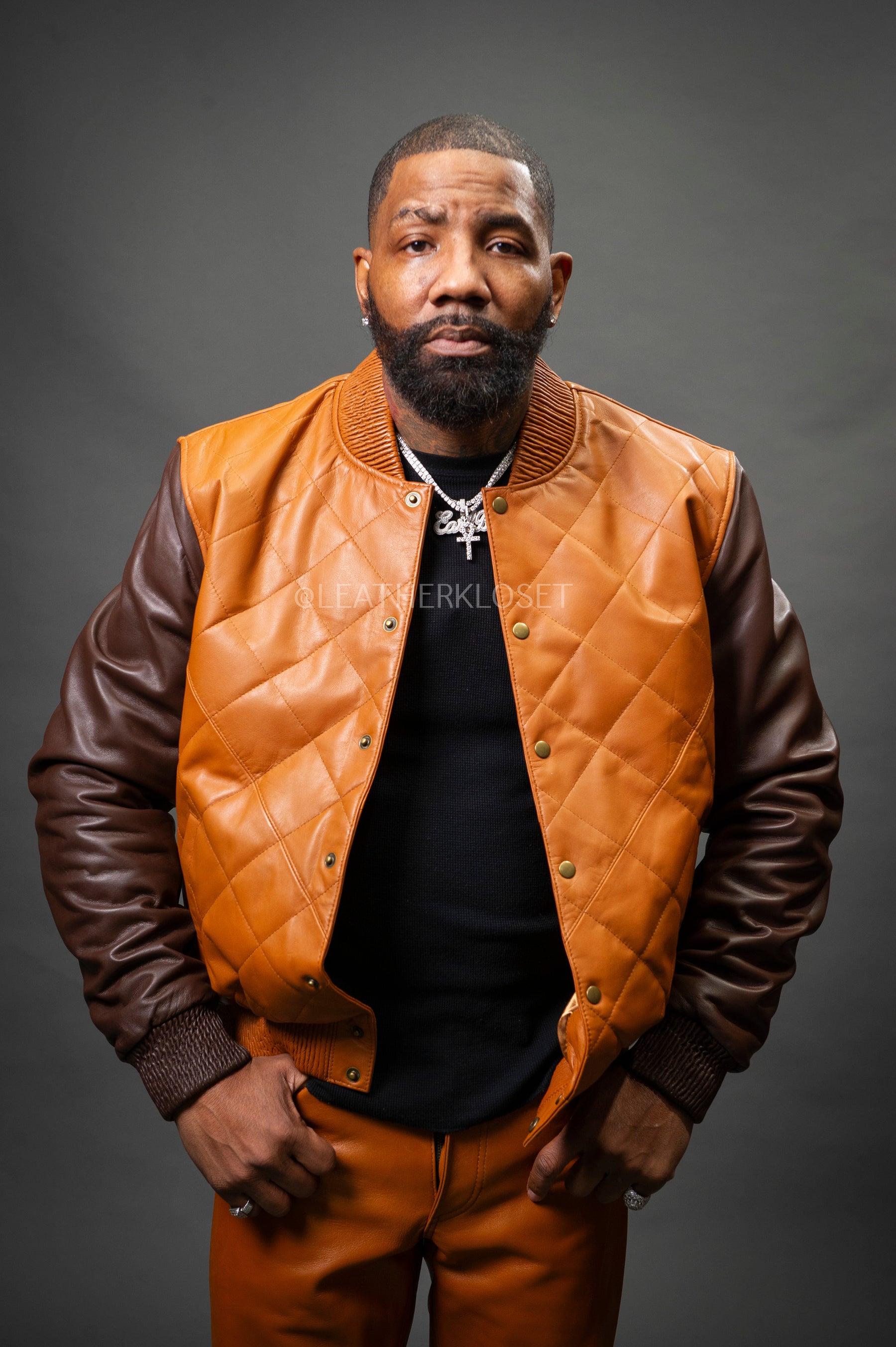 Men's Adan All-Leather Varsity Jacket [Saddle/Chocolate