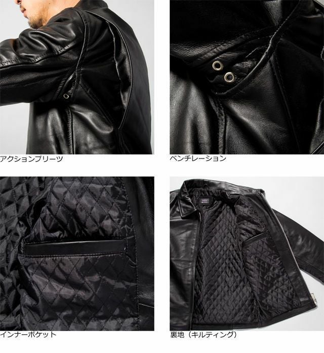 Horn Works 本革 襟付きシングルライダースジャケット メンズ ホーン