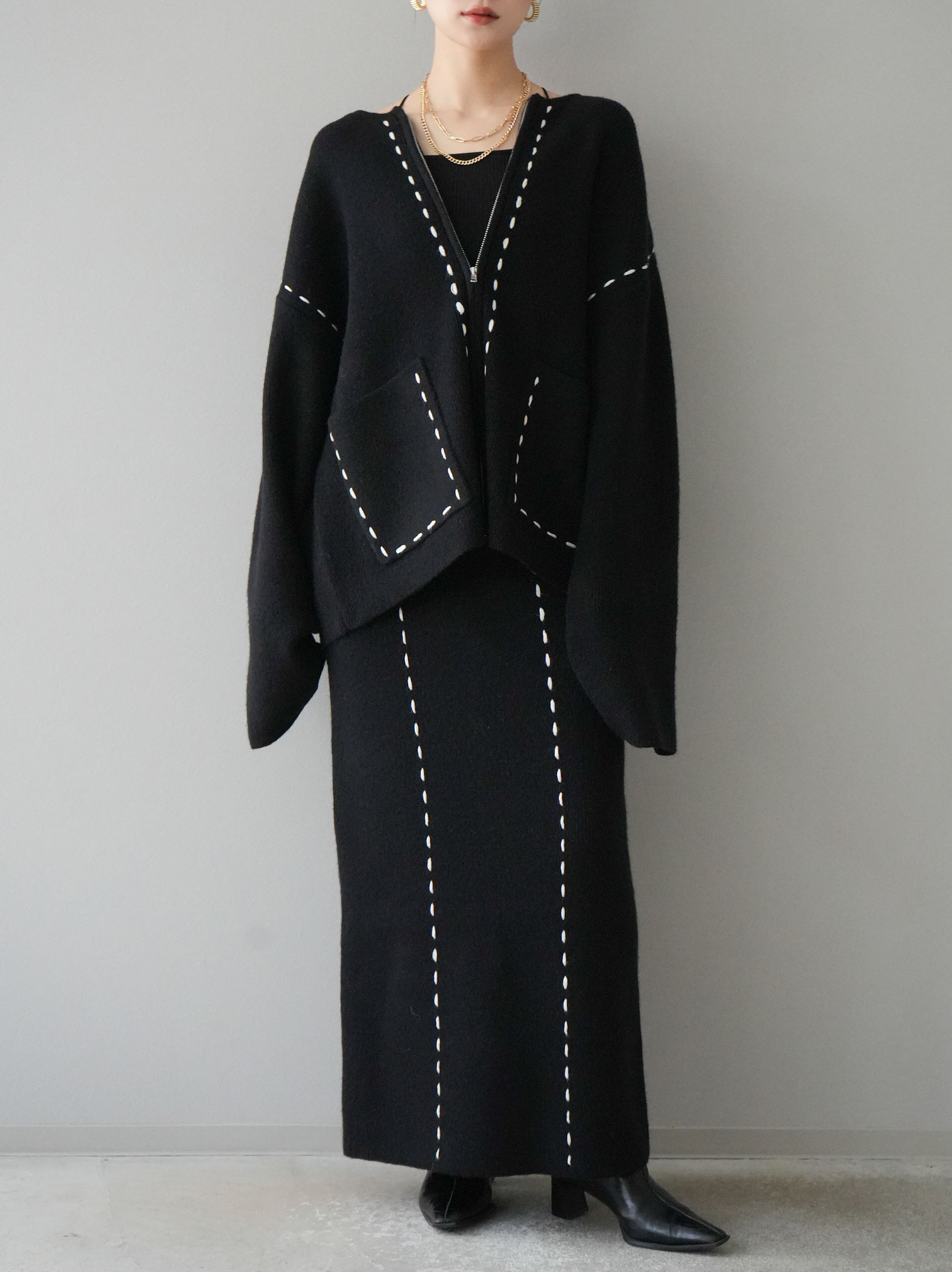 SET]ステッチデザインジップニットカーディガン+ステッチデザイン