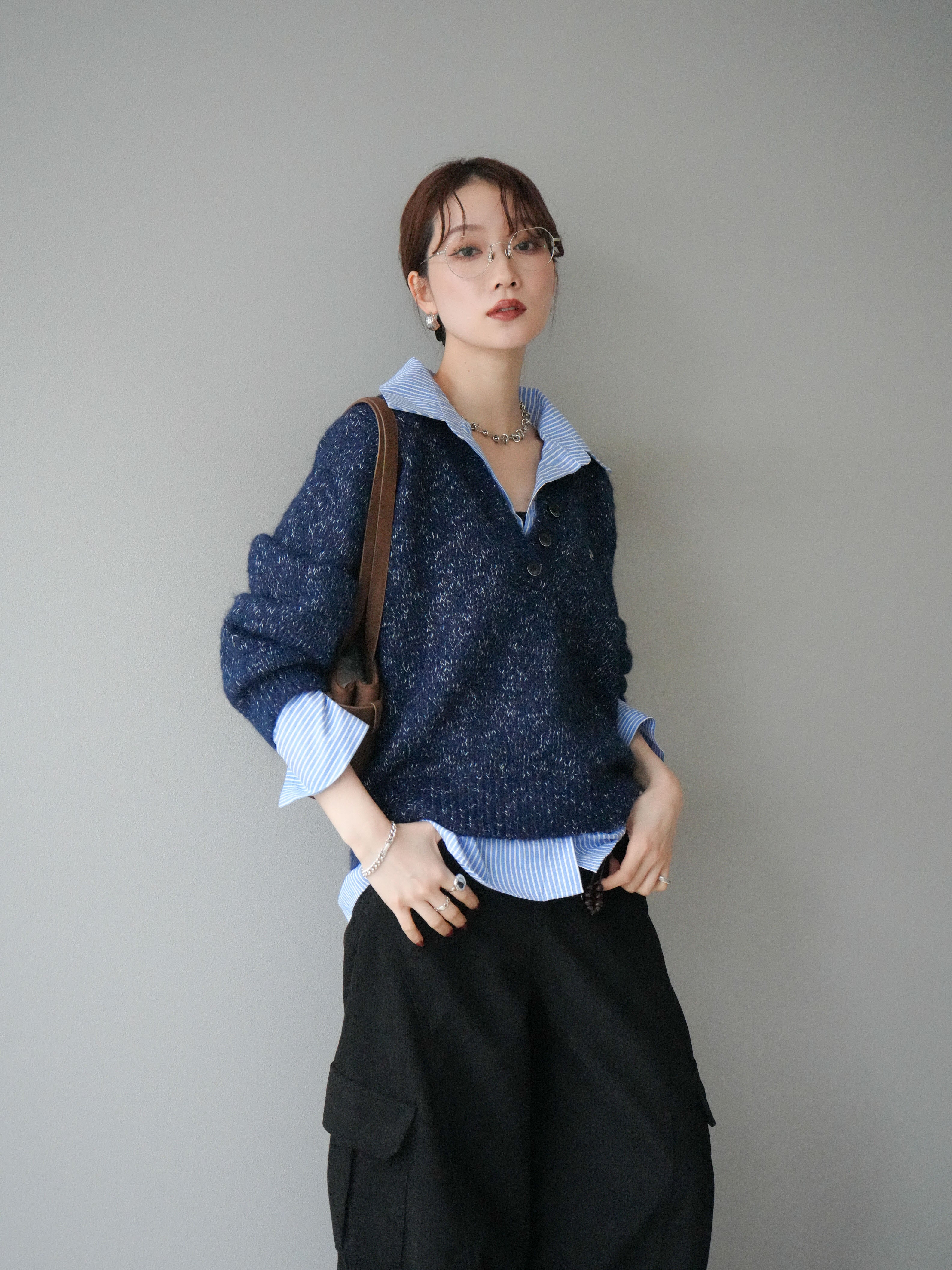 予約]ストライプシャツドッキングMIXヤーンニットプルオーバー/navy