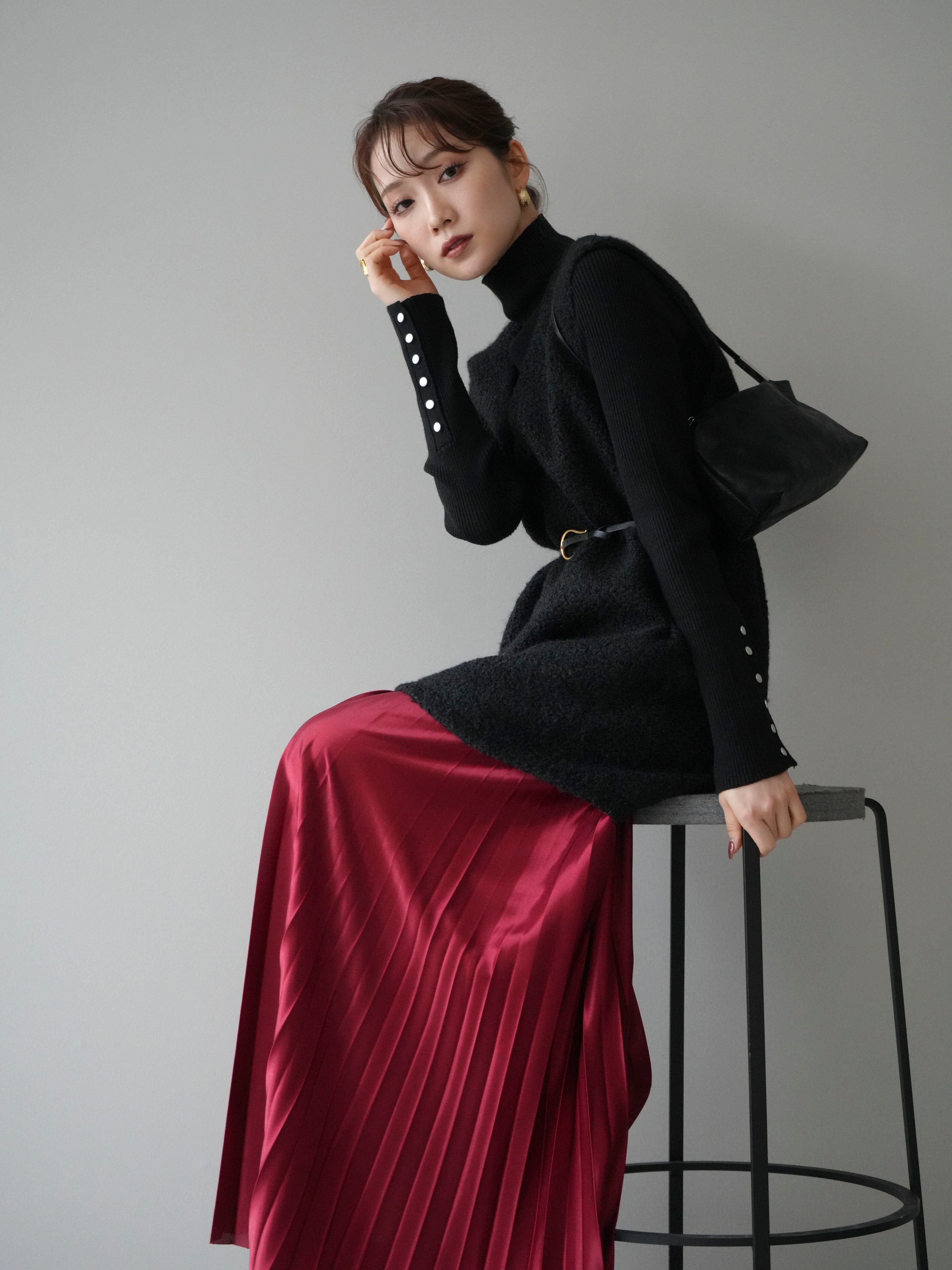 SET]ミックスループヤーンニットミニワンピース+袖ボタンボトルネック