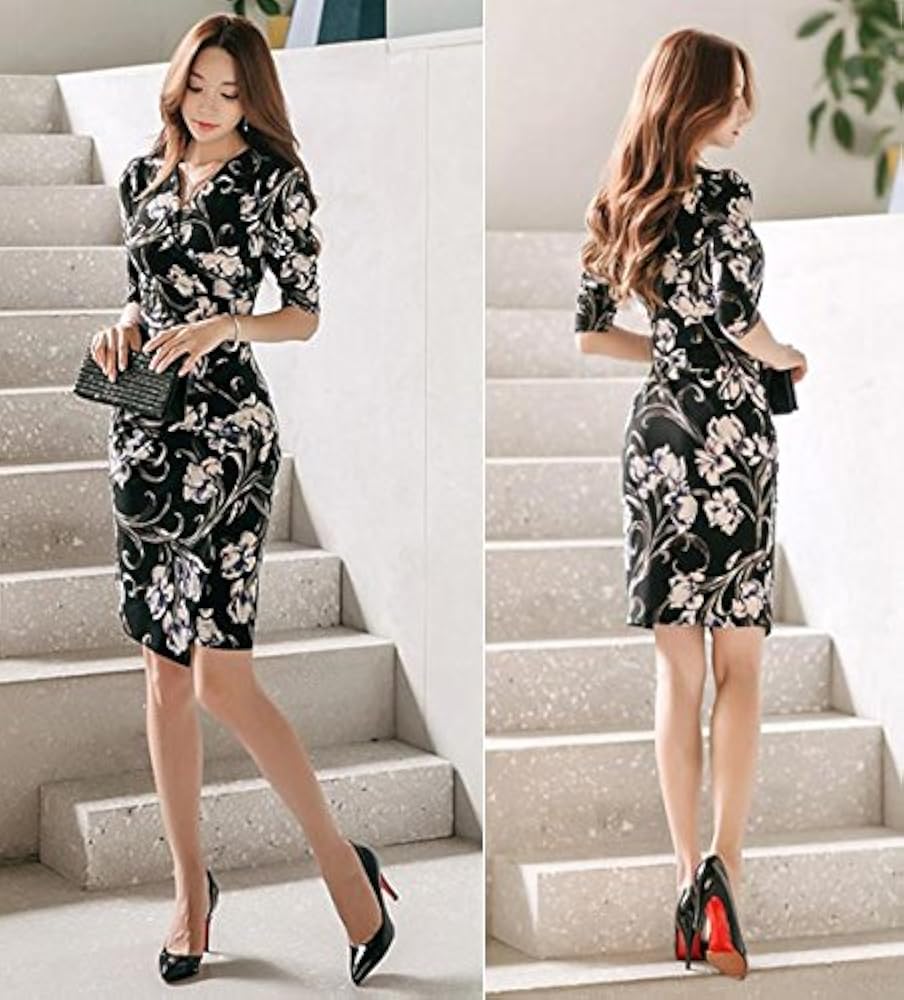 Amazon.co.jp: ワンピース 長袖 膝丈 M 花柄 Vネック タイト ドレス