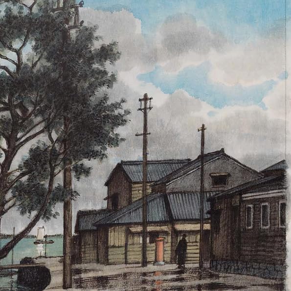 Amazon.co.jp: 川瀬巴水 肉筆 水彩画 尾州亀崎 十一年 37.5x27.4cm