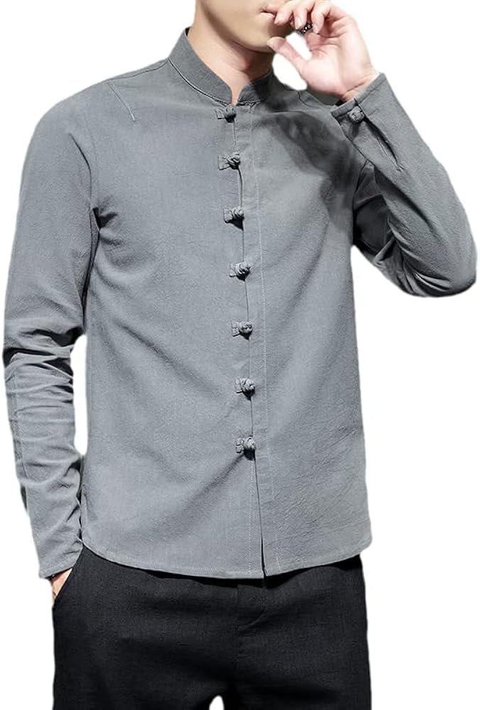 Amazon.com: Men's Solid Color Stand Collar Shirt Chinese Style
