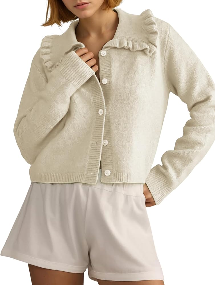 Arssm Womens Ruffle Collar Cardigan Cropped Button Down Open Front