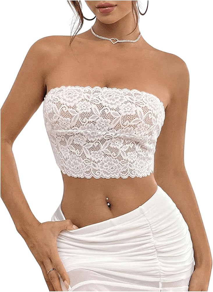 SHENHE Women's Lace Bandeau Top Sheer Strapless Sexy Backless Y2k