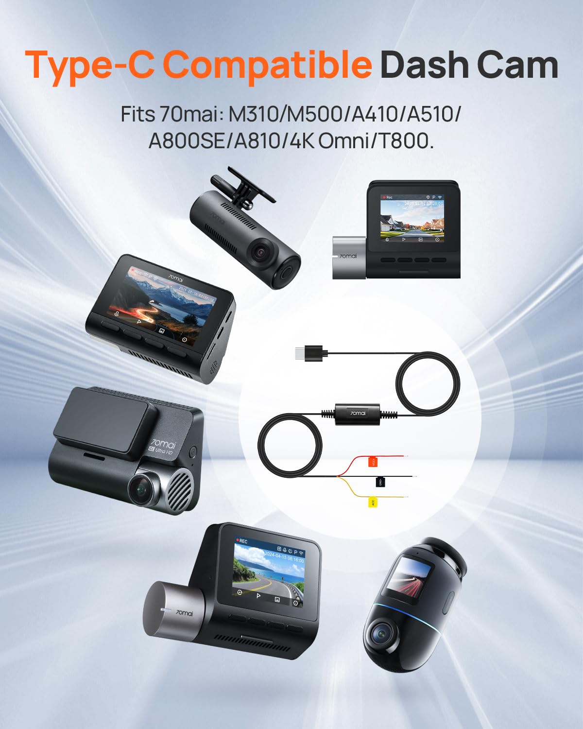 70mai Hardwire Kit UP03, 10ft Type-C for Dash Cams, 12V-30V to 5V