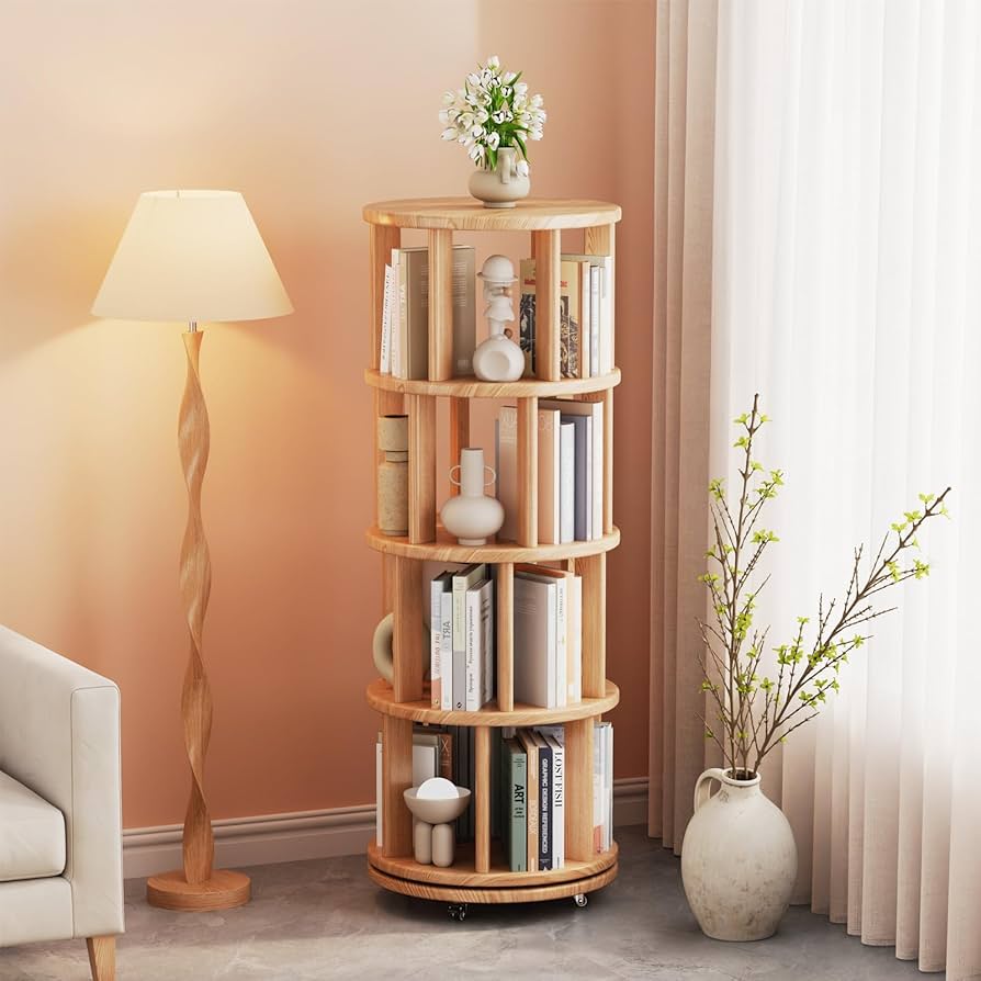 Amazon｜Mangowood 本棚 天然木製 回転式本棚 4段 - 大容量 コミック