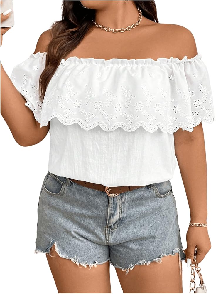 MakeMeChic Women's Off The Shoulder Tops Short Sleeve Loose Lace