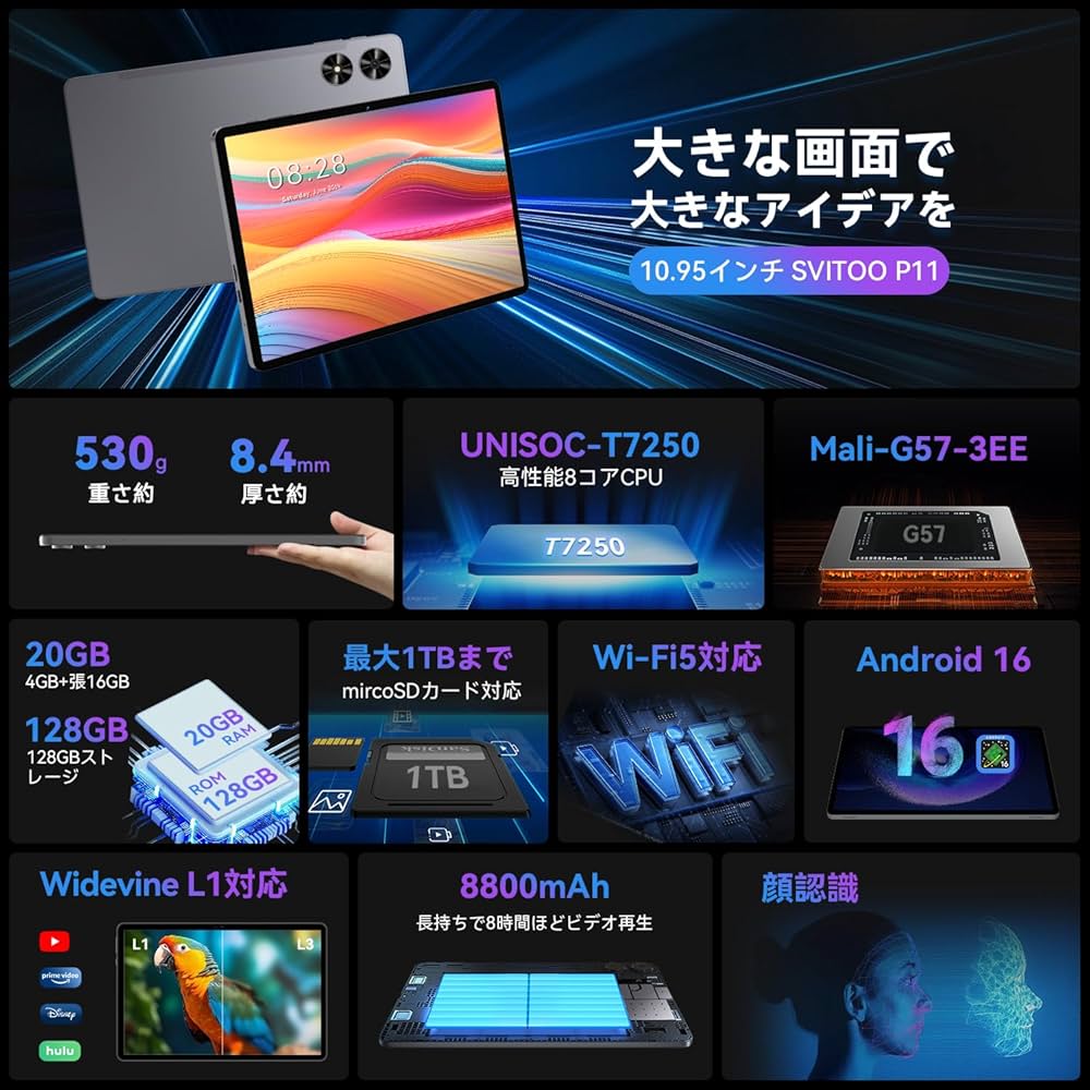Amazon.co.jp: Android16 タブレット アンドロイド 11インチ SVITOO