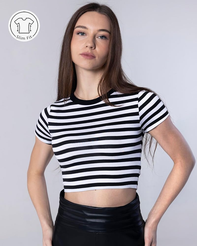 SITONI Women Crop Top Short Sleeve Slim Fit Crew Neck Striped