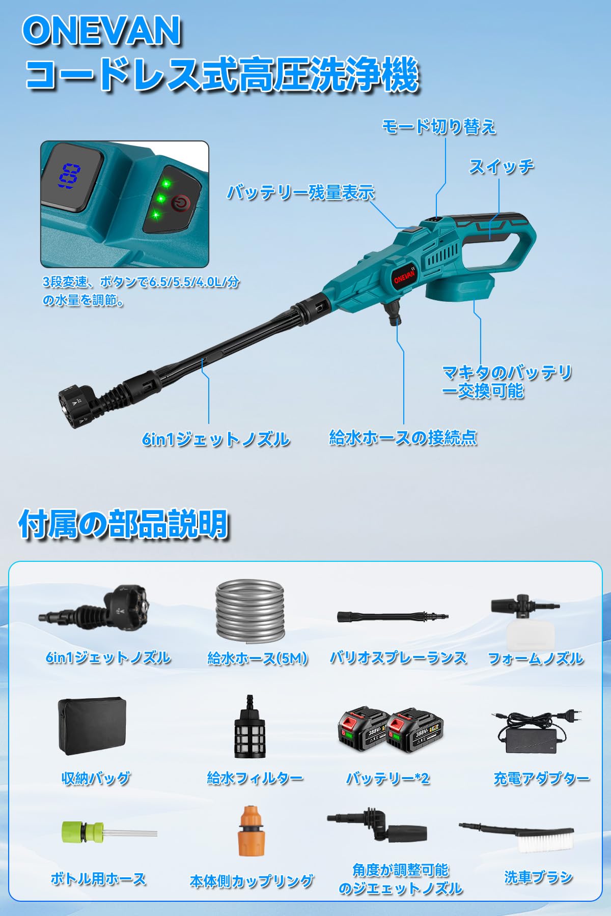 Amazon | ONEVAN 高圧洗浄機コードレス 充電式 家庭用 6-in-1 6種類