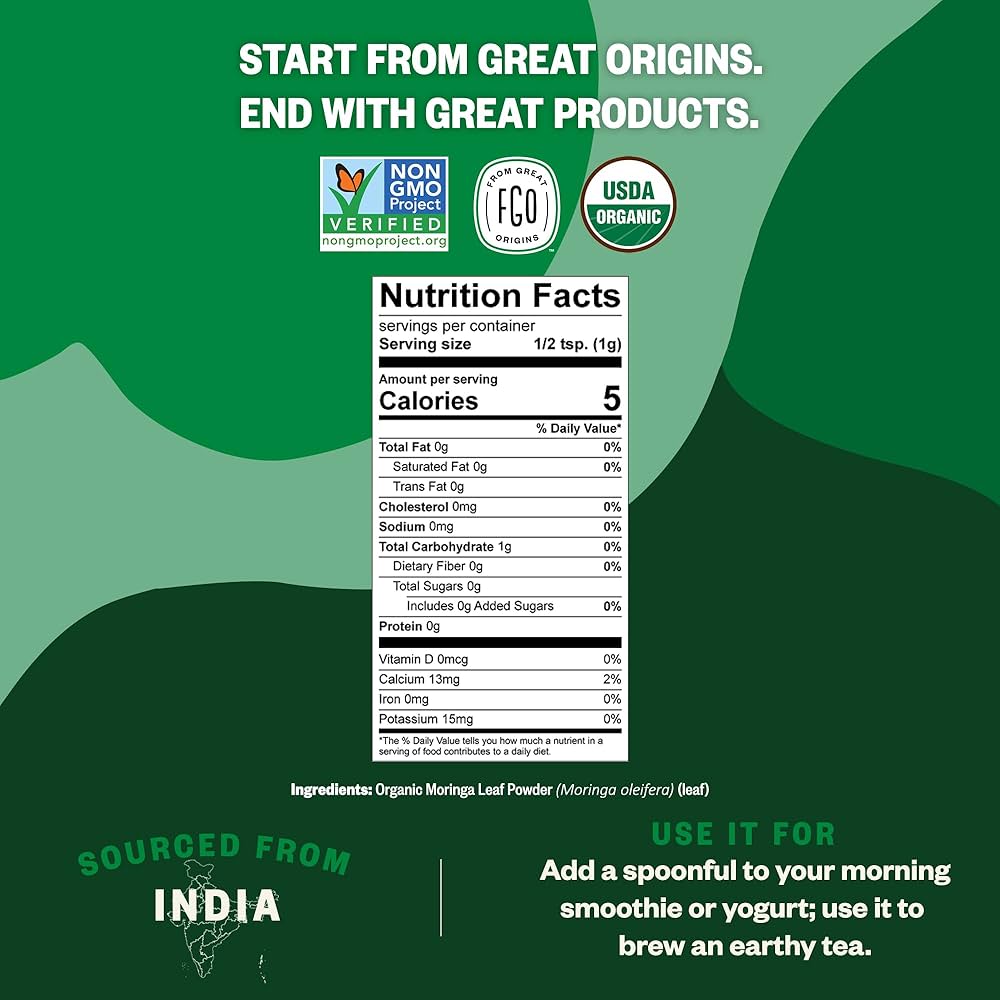 Amazon.com: FGO Organic Moringa Oleifera Leaf Powder, 16oz Bulk