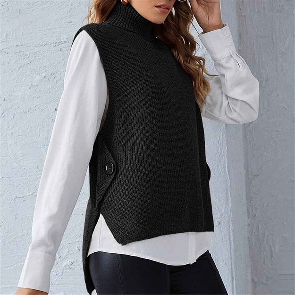 Women's Mock Turtleneck Sweater Vest Sleeveless High Low Vests