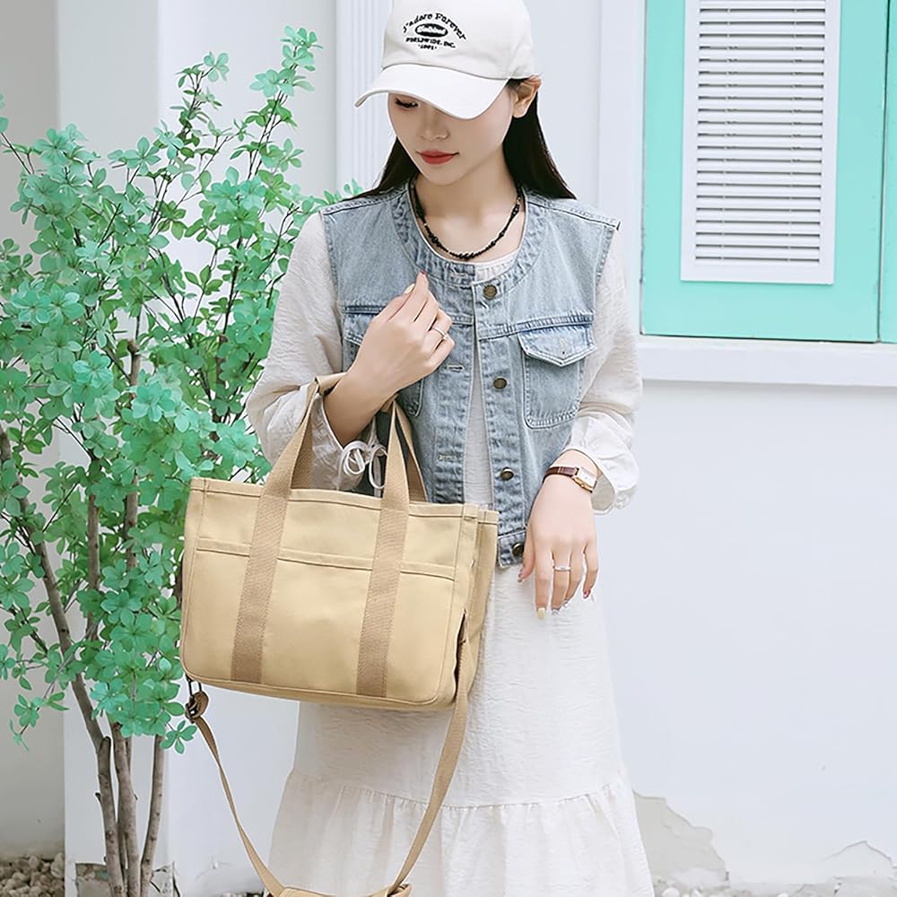 Amazon | キャンバストートバッグ、マルチポケット付きショルダー