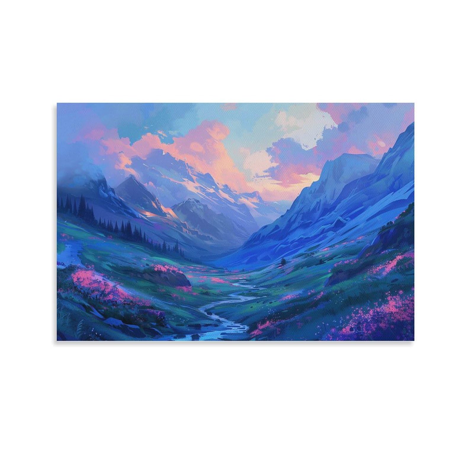 Amazon.co.jp: 絵画 青とピンクのグラデーションの山の風景インテリア