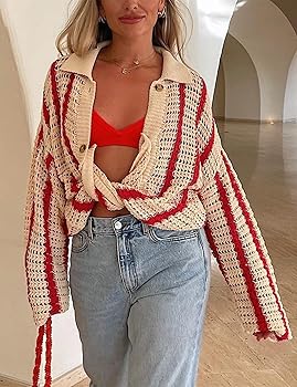 Gihuo Women' s Y2K 2 Piece Knit Outfits Striped Sweater Shorts Set