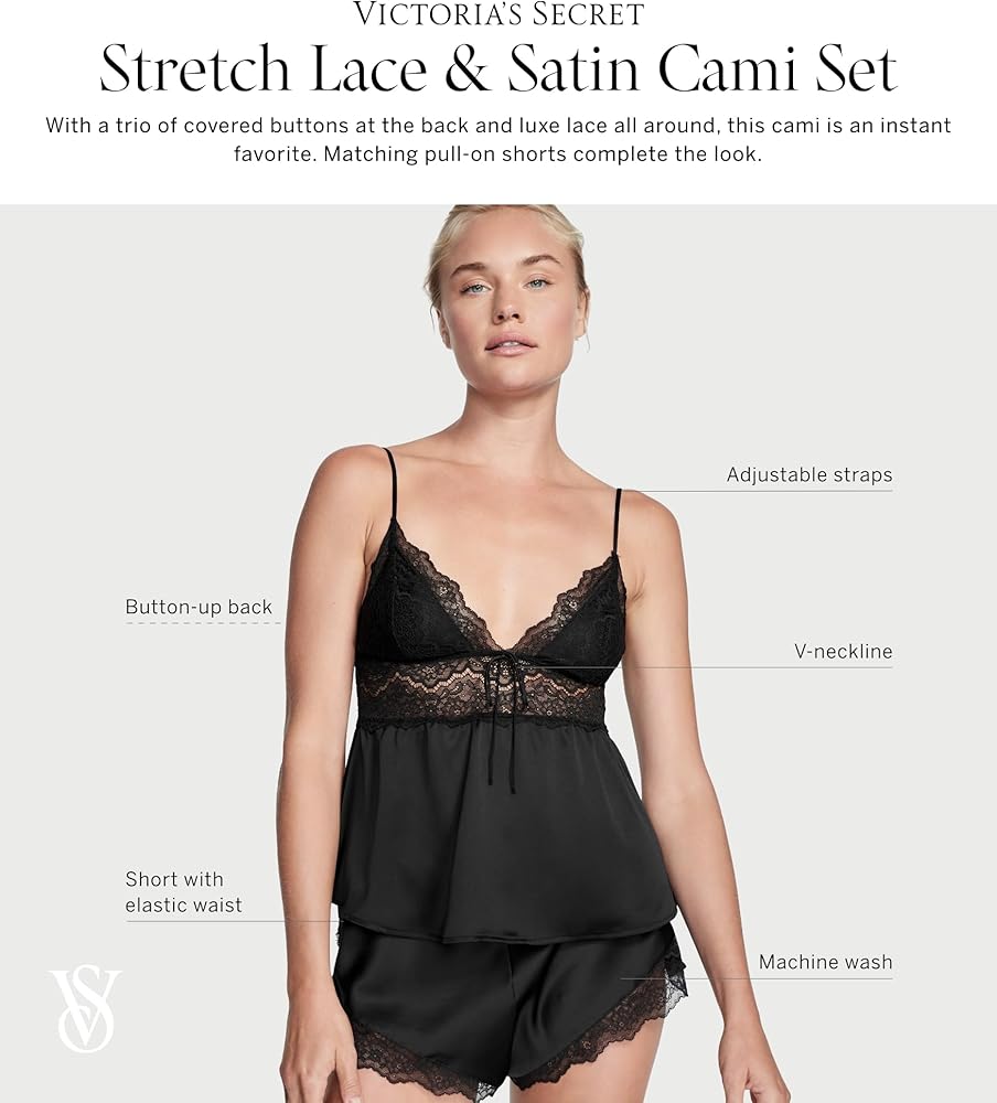 Victoria's Secret Stretch Lace & Satin Cami Set (XS-XL), Black
