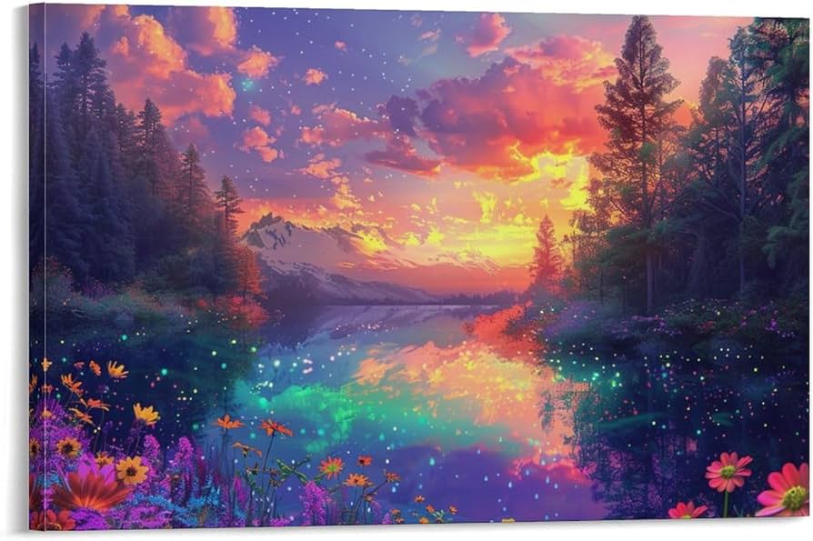 Amazon.co.jp: 絵画 美しい山の湖の夕日の静かで穏やかな景色 アート
