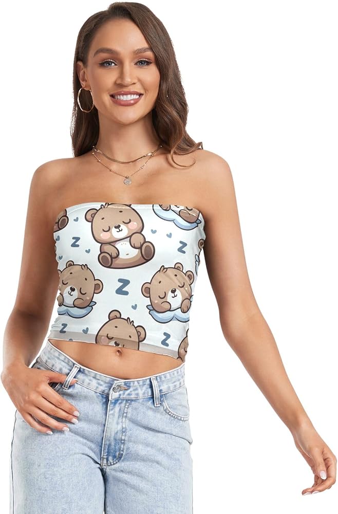 Sleeping Cute Happy Bear Boob Tube Top, Womens Sexy Strapless Mesh