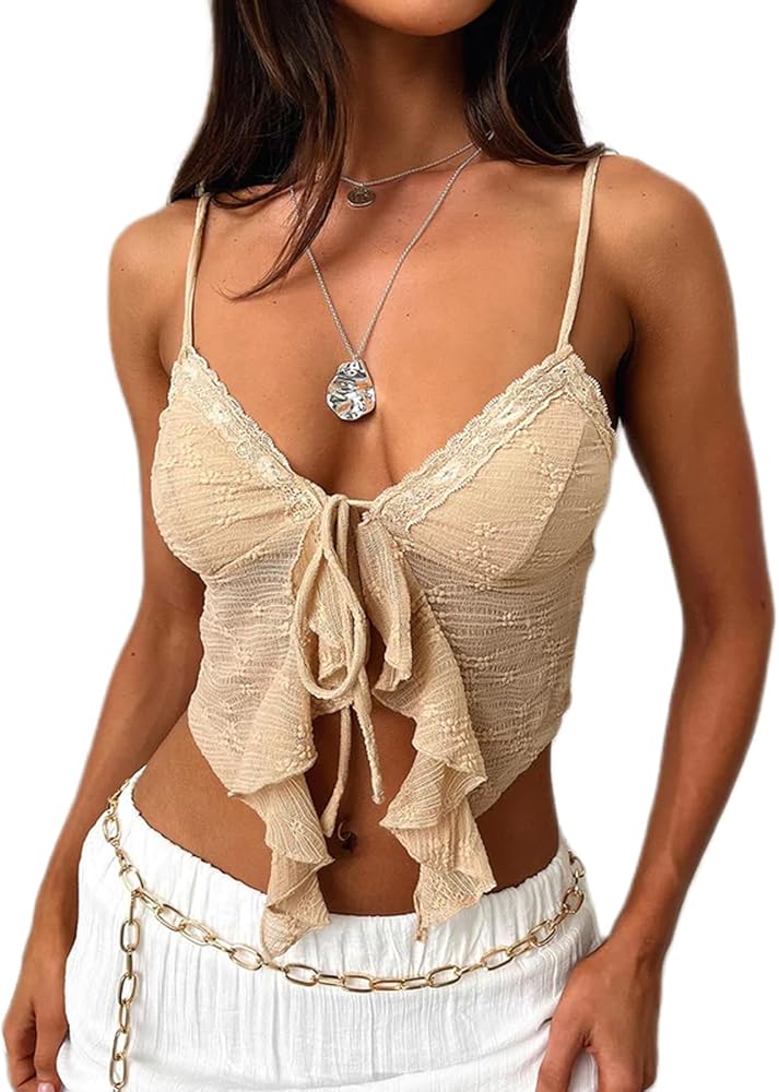 Women Sexy Tie Front Crop Top Y2k Spaghetti Strap Lace Tank Flowy