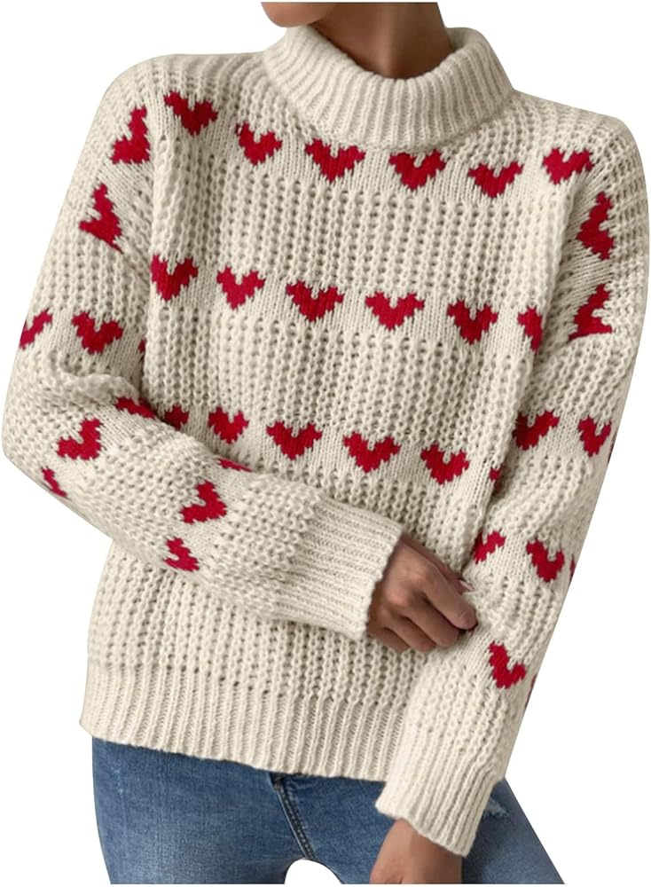 Womens Heart Print Knit Sweater Fashion Mock Neck Sweaters Long
