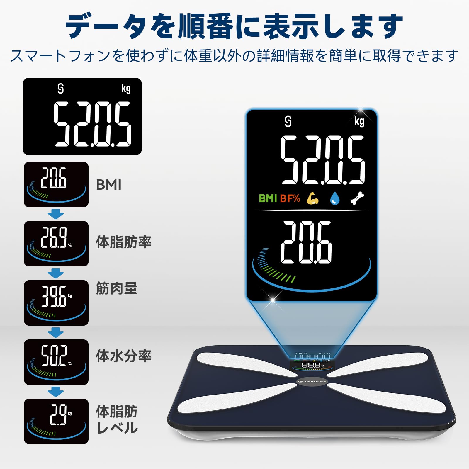 Amazon.co.jp: Lepulse 体重計 体脂肪計 体組成計 スマホ連動 大型