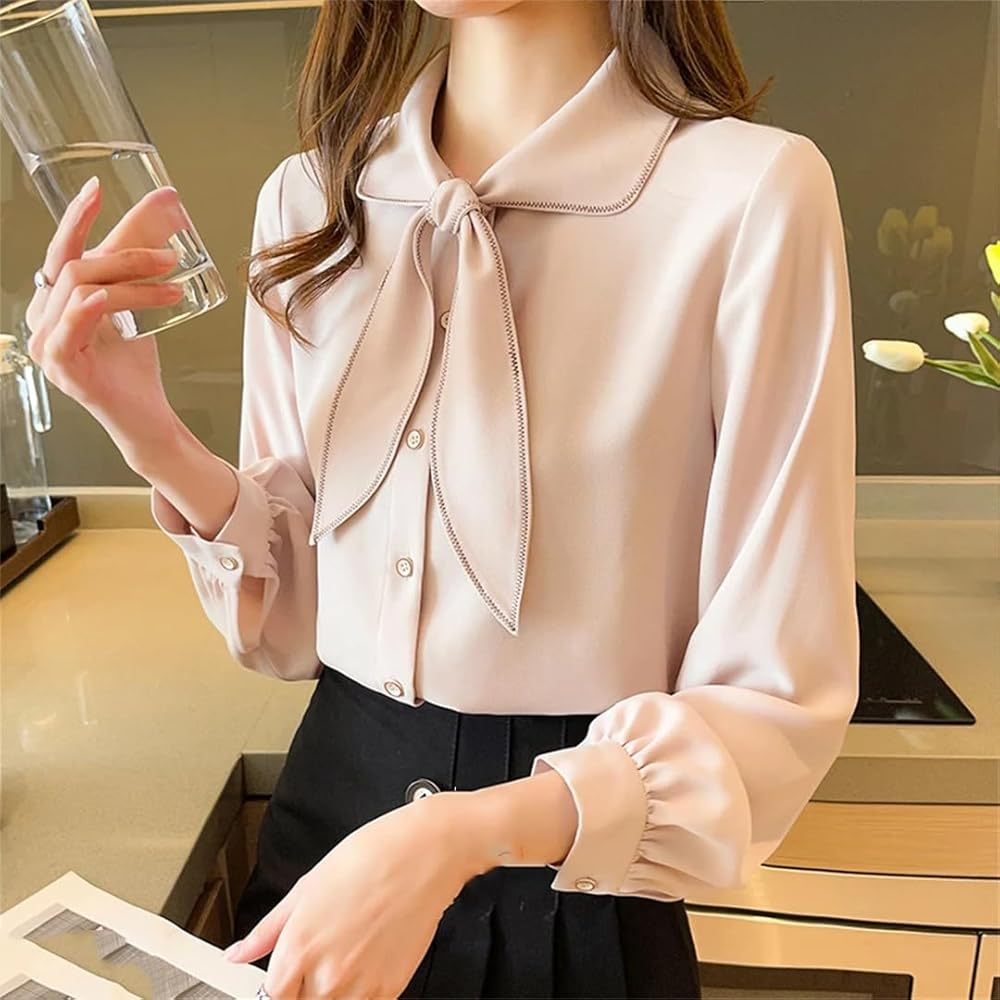 Amazon.com: Women's Button Down Lapel Shirt Bow Tie Long Sleeve