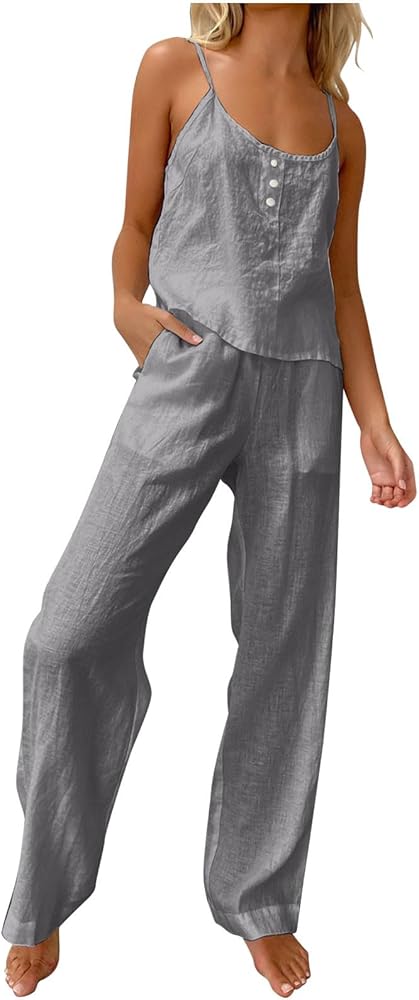 HGps8w Women's Cotton Linen Pajamas Sets Loose Cami Top & Long