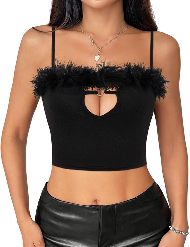 Vimoisa Women Faux Fur Tank Top Spaghetti Strap Crop Cami Top